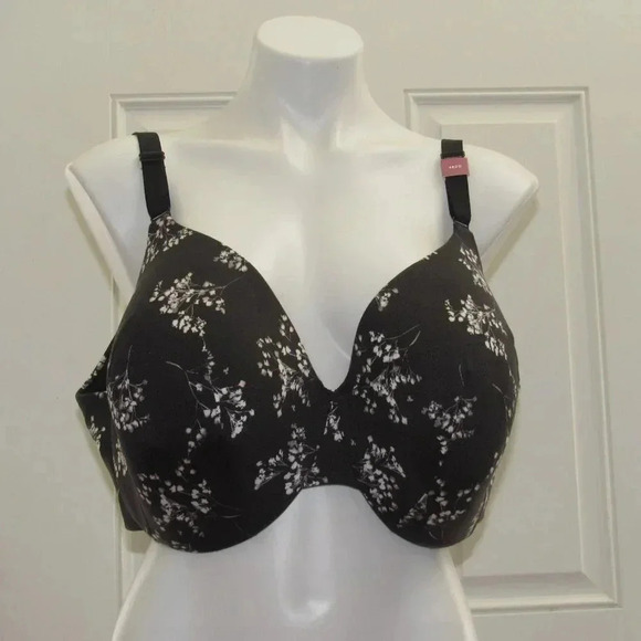 CACIQUE Black Floral Lightly Lined Full Coverage Padded Bra Size 48DD
